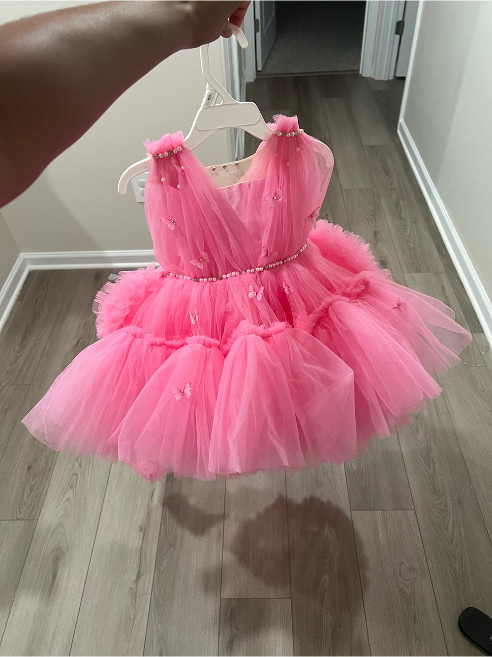 Pink Tulle Party Dress for Girls - Pearl Trim